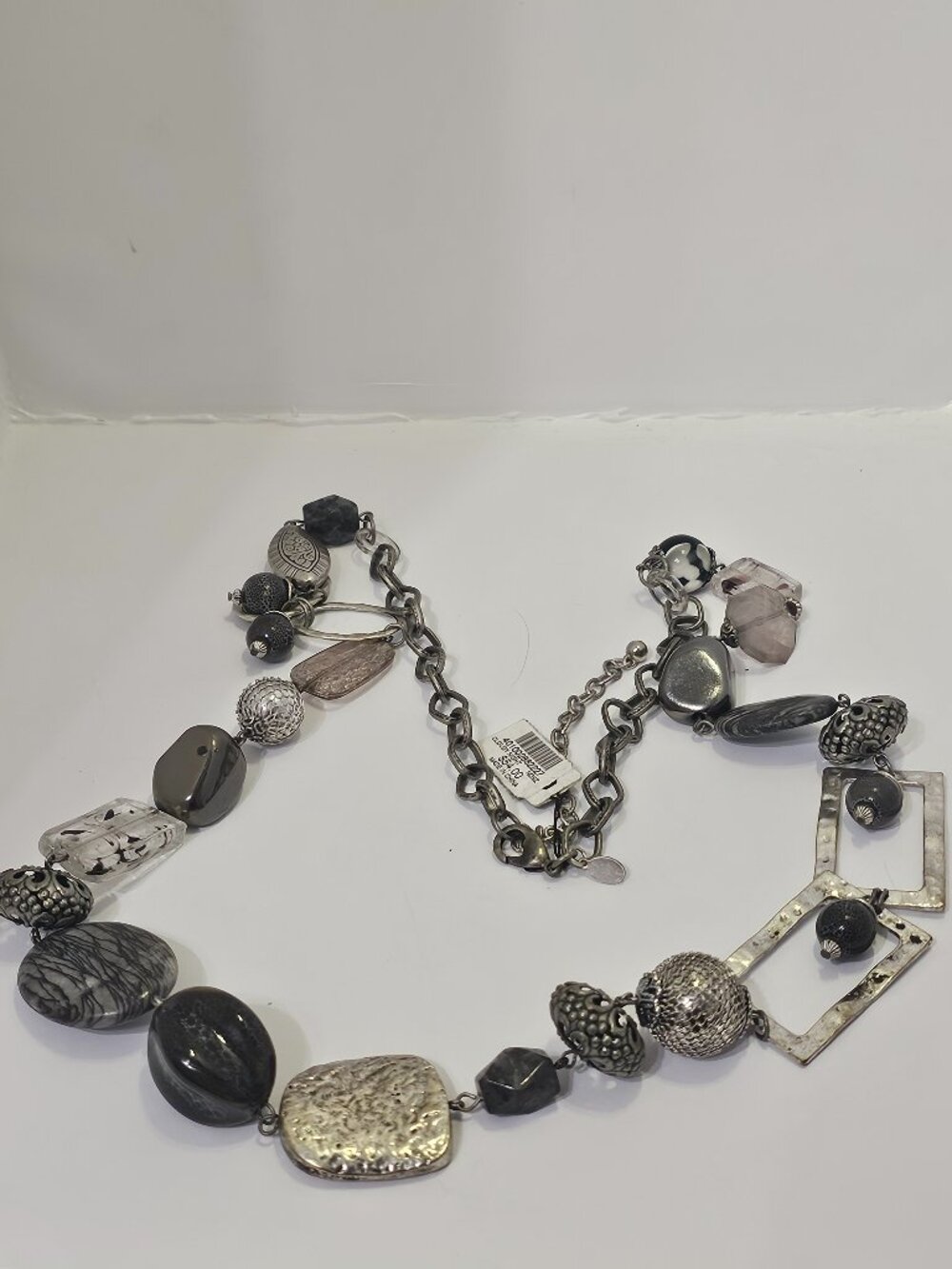 NWT Chico's Chunky Beaded Statement Necklace Silver Gray Black Geometric Runway